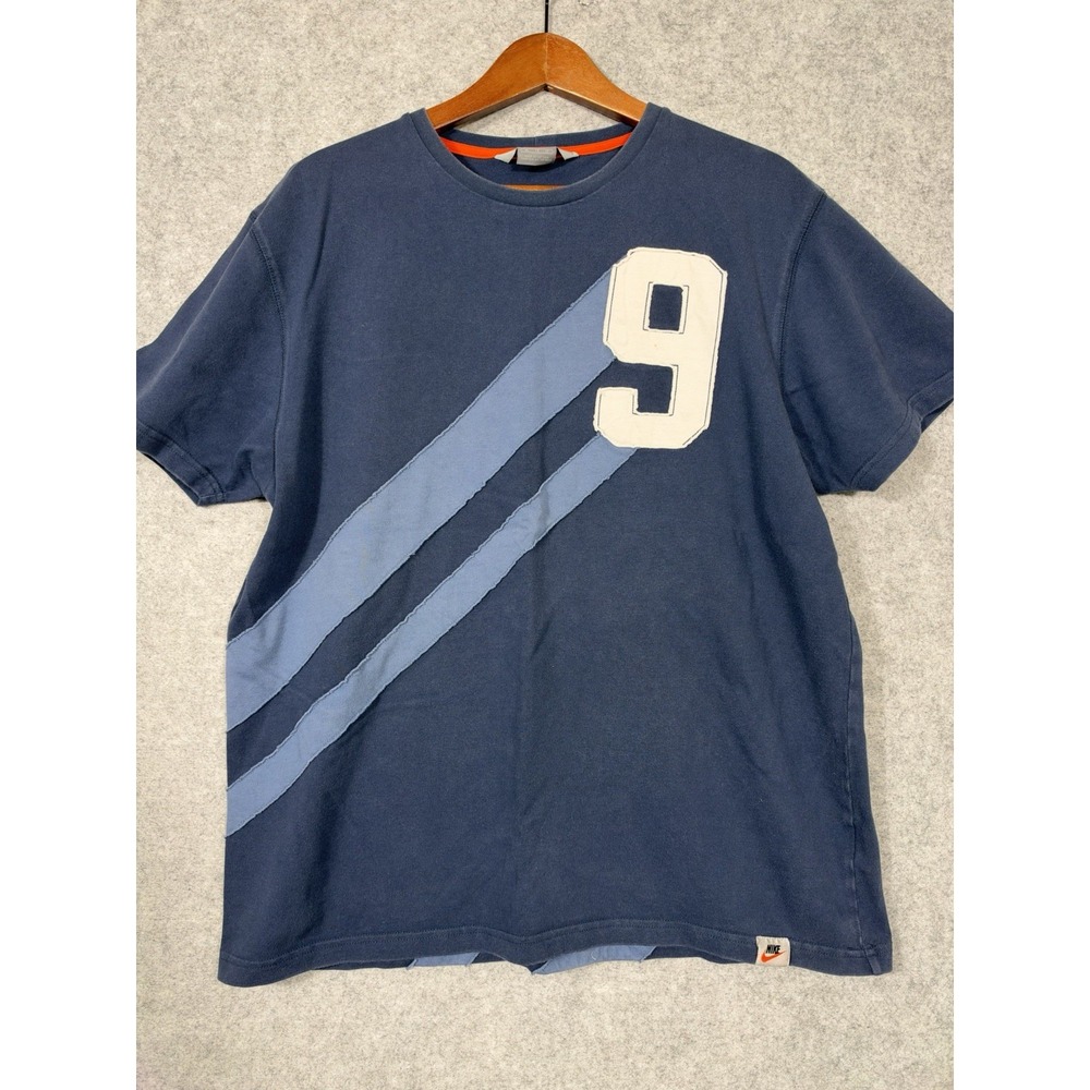 VTG Nike Y2K 90s XL Navy Blue Number 9 Applique Diagonal Stripe Cotton T Shirt